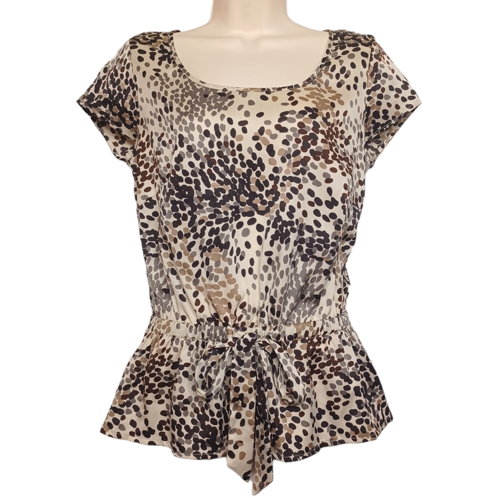 LOB COLLECTION 1 Brown Tan Polka Dot Print Short Sleeve Stretchy Peplum Top XS
